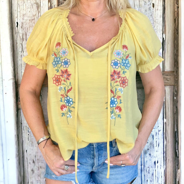 Karma Floral Peasant Top DUSTY YELLOW