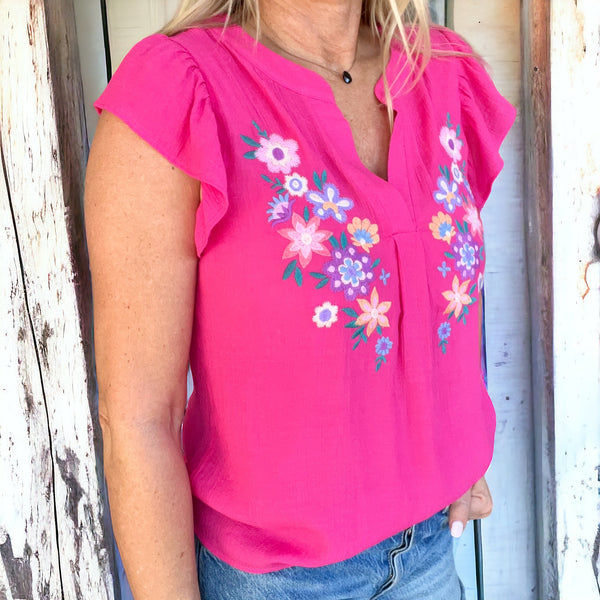 Daylight Floral Embroidered Top FUCSHIA