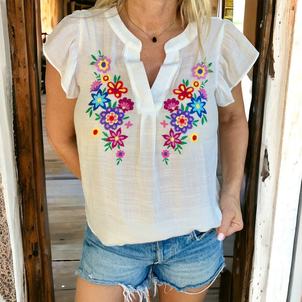 Daylight Floral Embroidered Top WHITE