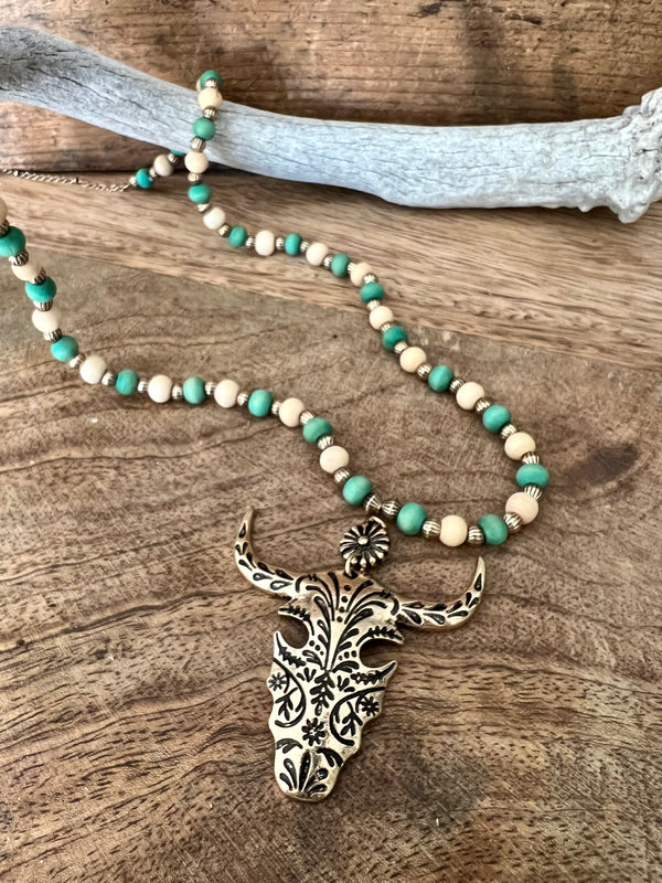 Wood Bead Cow Skull Necklace Green