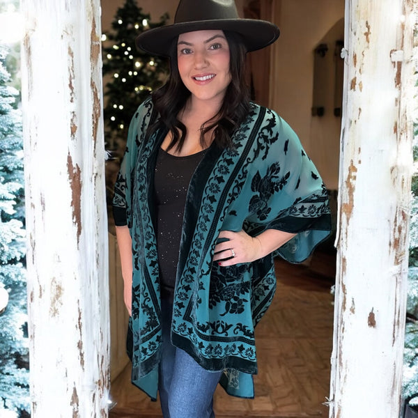 Emerald Velvet Floral Kimono ONE SIZE