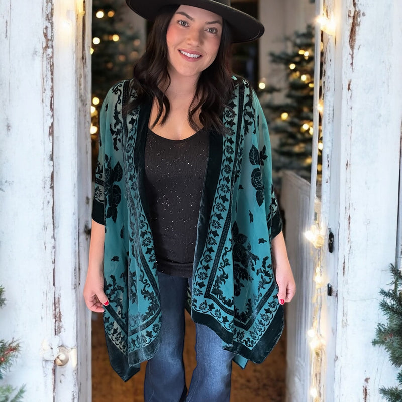 Emerald Velvet Floral Kimono ONE SIZE