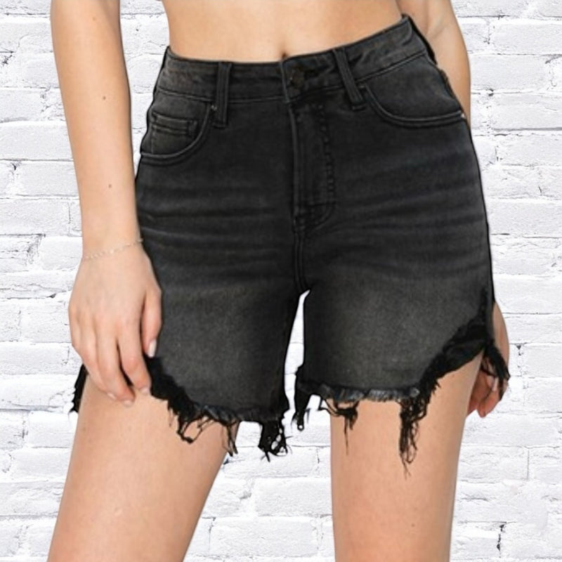 Distressed High Rise Shorts BLACK