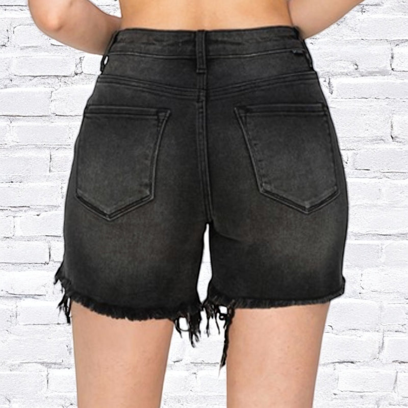 Distressed High Rise Shorts BLACK