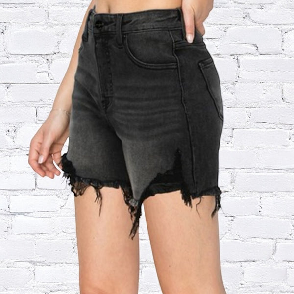 Distressed High Rise Shorts BLACK
