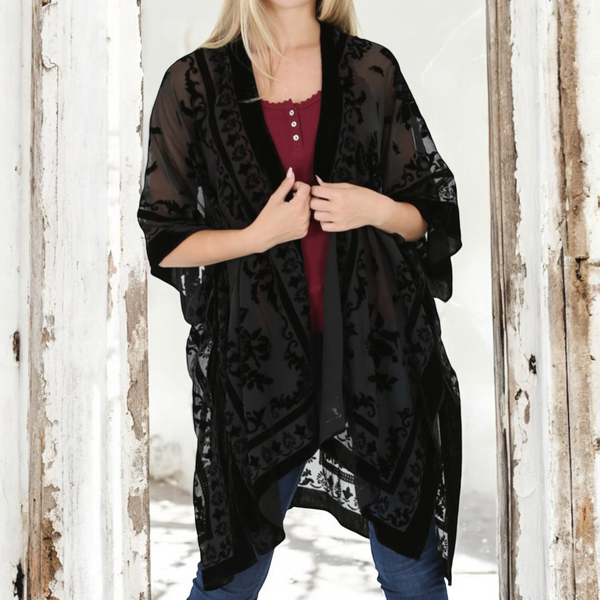 Black Velvet Floral Kimono ONE SIZE