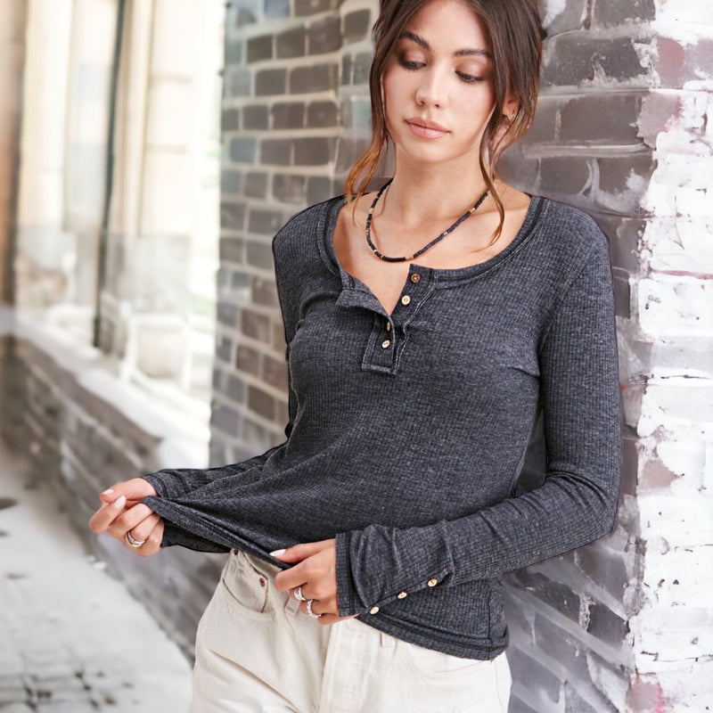Maya Button Front Henley CHARCOAL