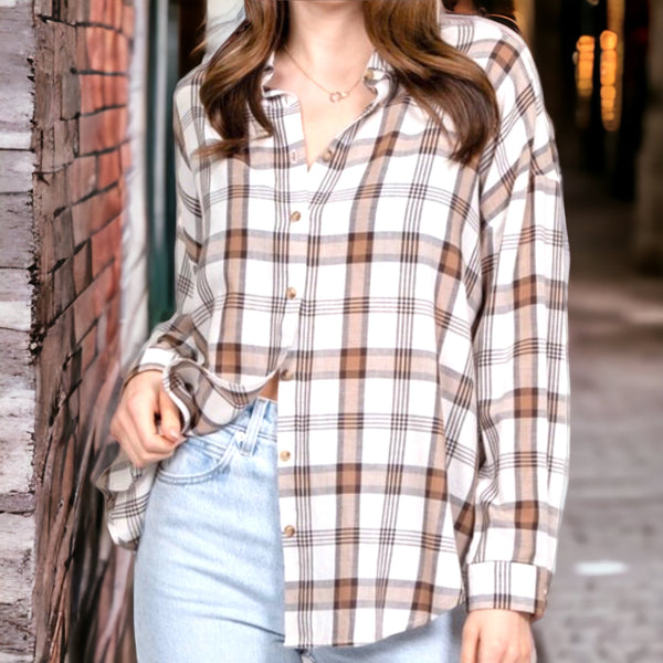 Lightweight Plaid Button Up Ivory