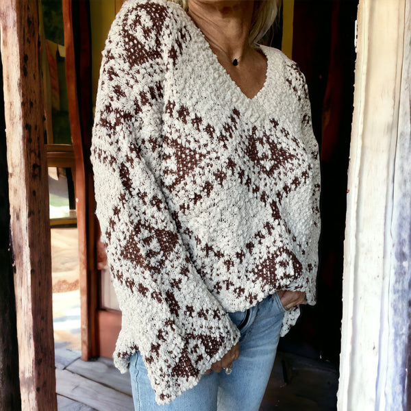 Geometric Print Oversized Sweater BROWN