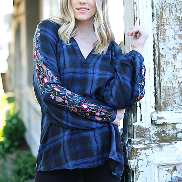 Embroidered Plaid V Neck Top