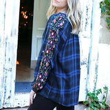 Embroidered Plaid V Neck Top