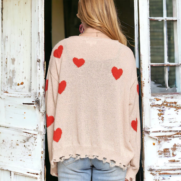 Frayed Edge Heart Sweater IVORY
