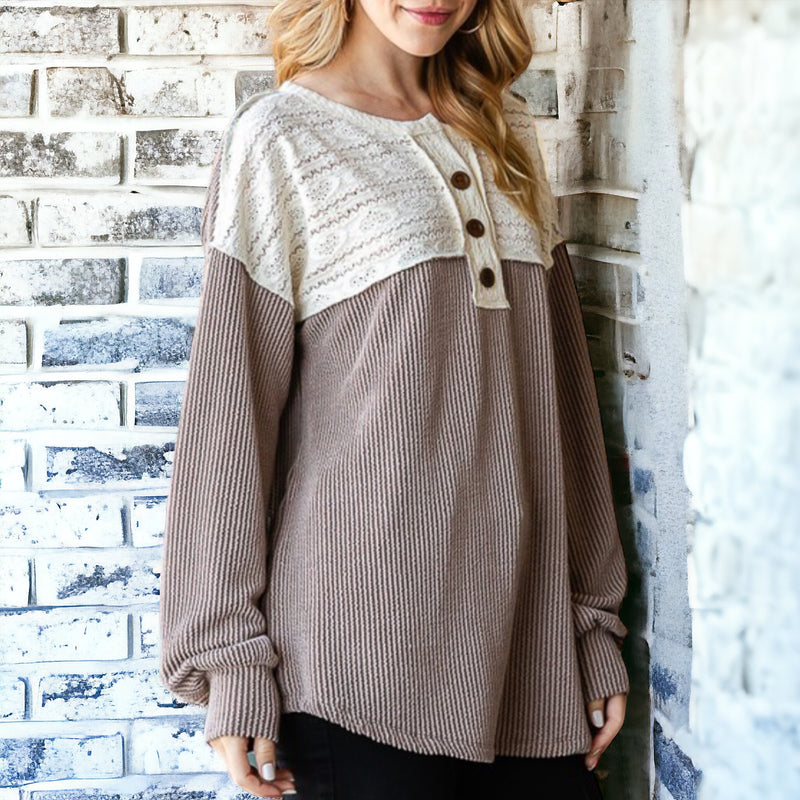 Lacey Ribbed Button Front Top