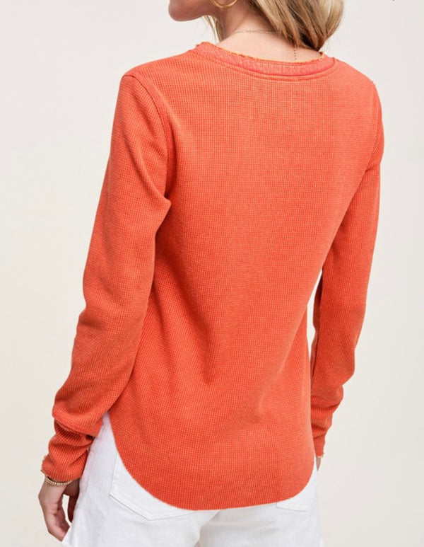 Button Front Waffle Henley Burnt Orange