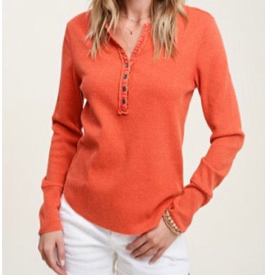 Button Front Waffle Henley Burnt Orange