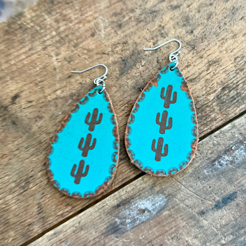 Leather Cactus Drop Earrings Turquoise