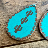Leather Cactus Drop Earrings Turquoise