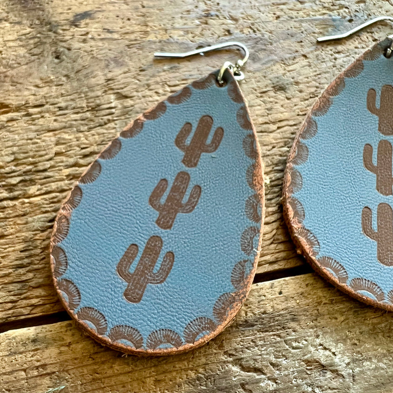 Leather Cactus Drop Earrings Navy
