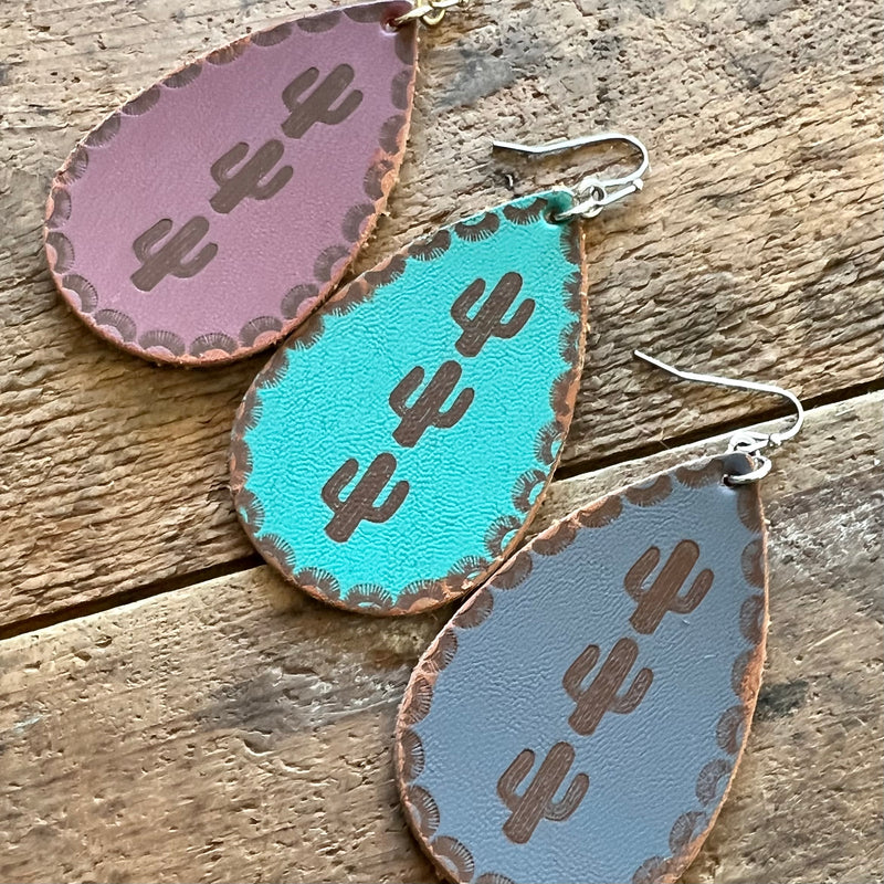 Leather Cactus Drop Earrings Turquoise