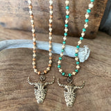 Wood Bead Cow Skull Necklace Tan