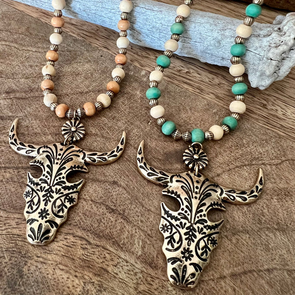 Wood Bead Cow Skull Necklace Green