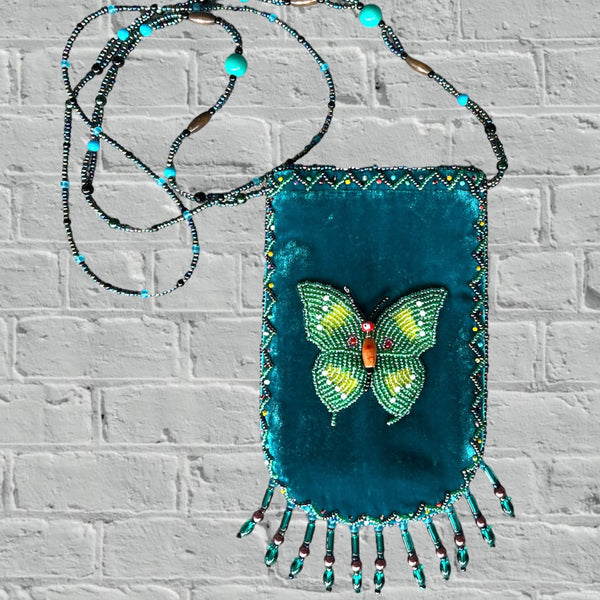 Velvet Beaded Butterfly Crossbody Satchel TEAL